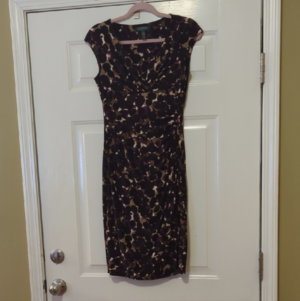 Ralph Lauren Organic Print Ruched Midi Dress Size 4 Black Multicolor Preppy Chic